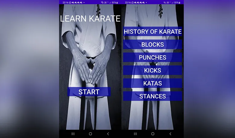 Interface do app Learn Karate
