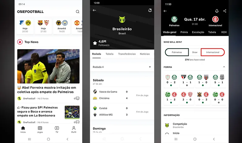 Interface do app OneFootball