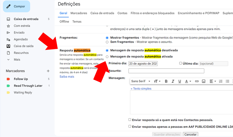 Em seguida, ative no final da página a resposta automática