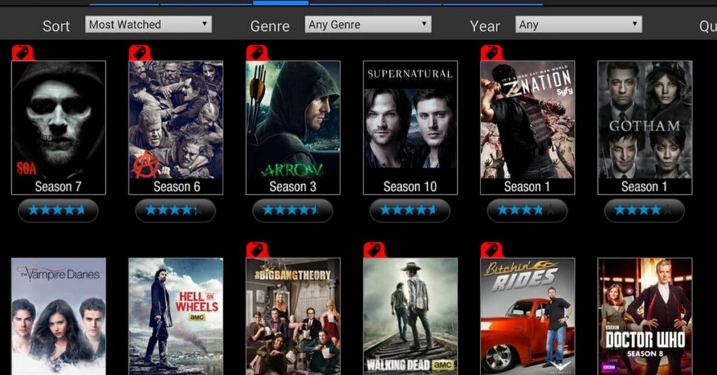 Página de inicio de la aplicación Vudu, con varias películas y series disponibles. 