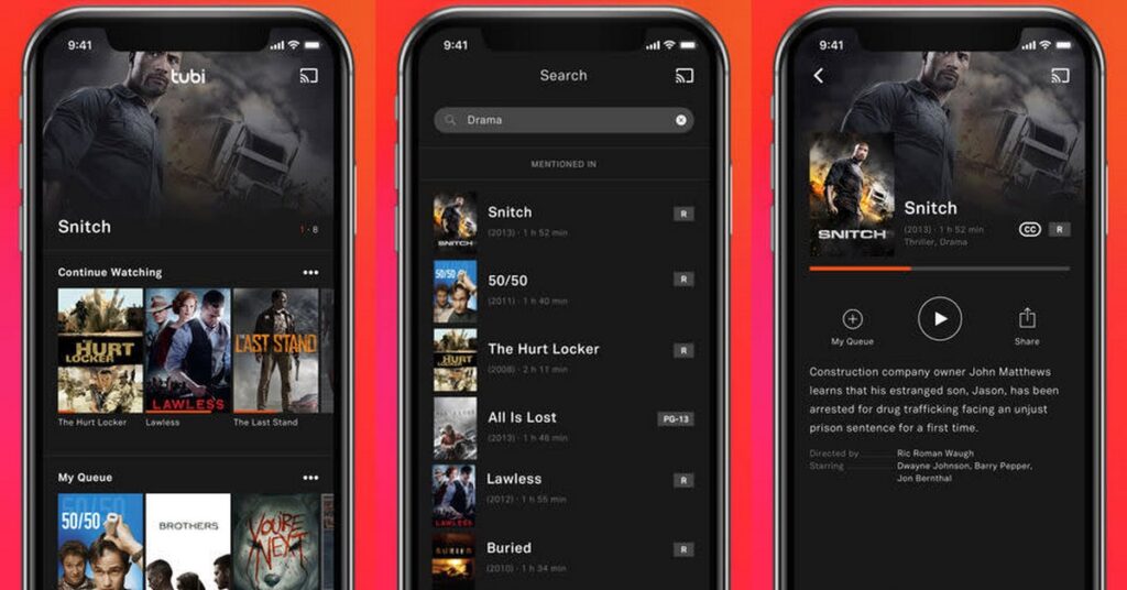 Página de inicio de la app Tubi TV, con varias películas y series disponibles