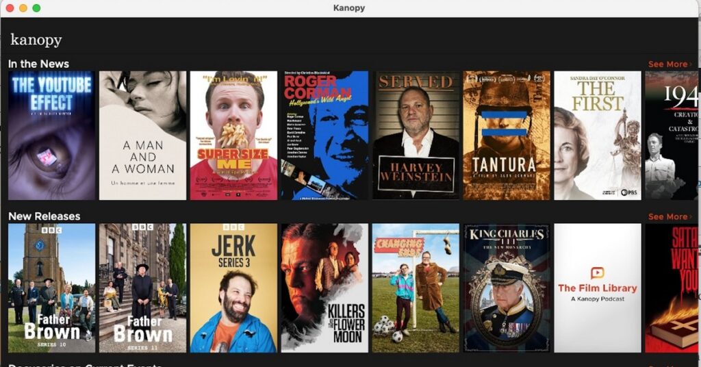 Página de inicio de la aplicación Kanopy, con varias películas y series disponibles