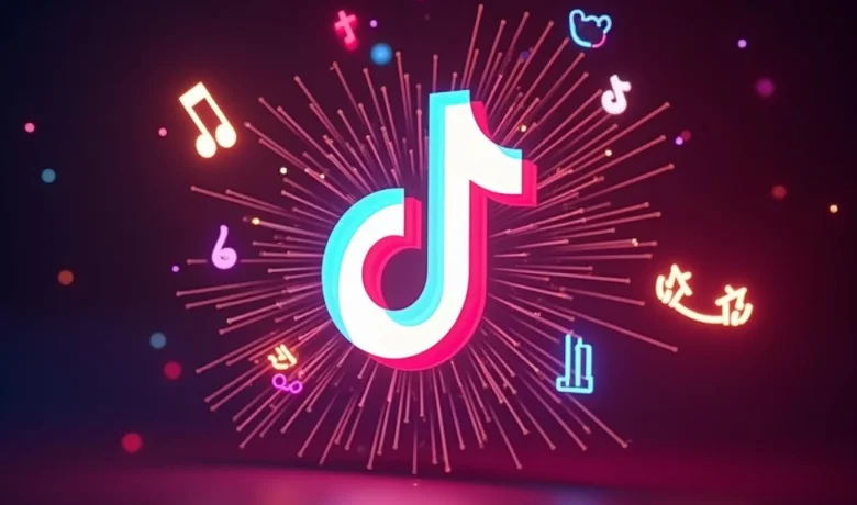 TikTok con íconos de música al costado sobre un fondo oscuro con luces