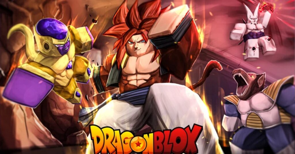 Imagen con personajes del anime Dragon Ball con el diseño del Roblox