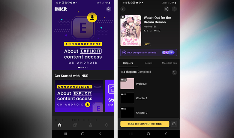 Screenshots showing the INKR Comics app interface