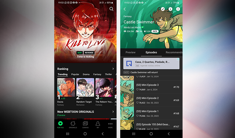 Captura de tela mostrando a interface do app WEBTOON: Comics