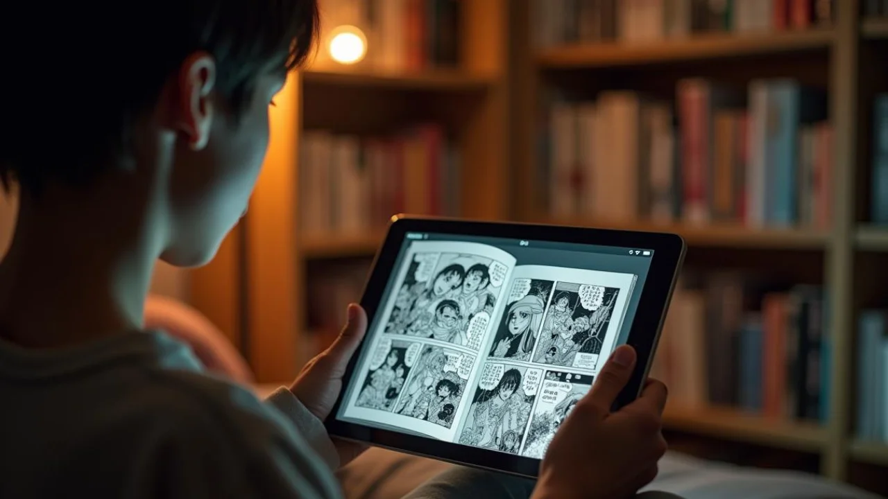 Boy holding tablet and reading manga