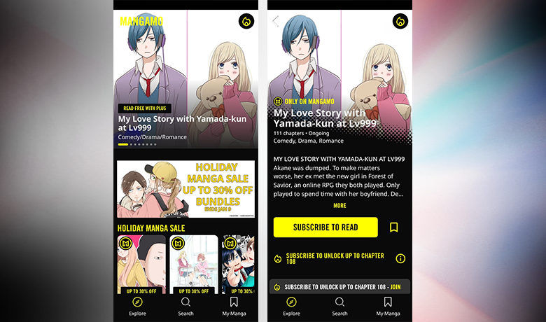 Screenshots showing the Mangamo app interface.