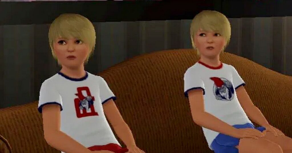 Dos hermanos gemelos rubios en el juego Los Sims 4