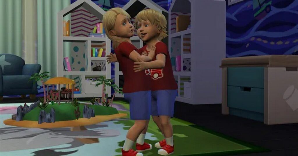 Two blonde twin sisters in the game The Sims 4