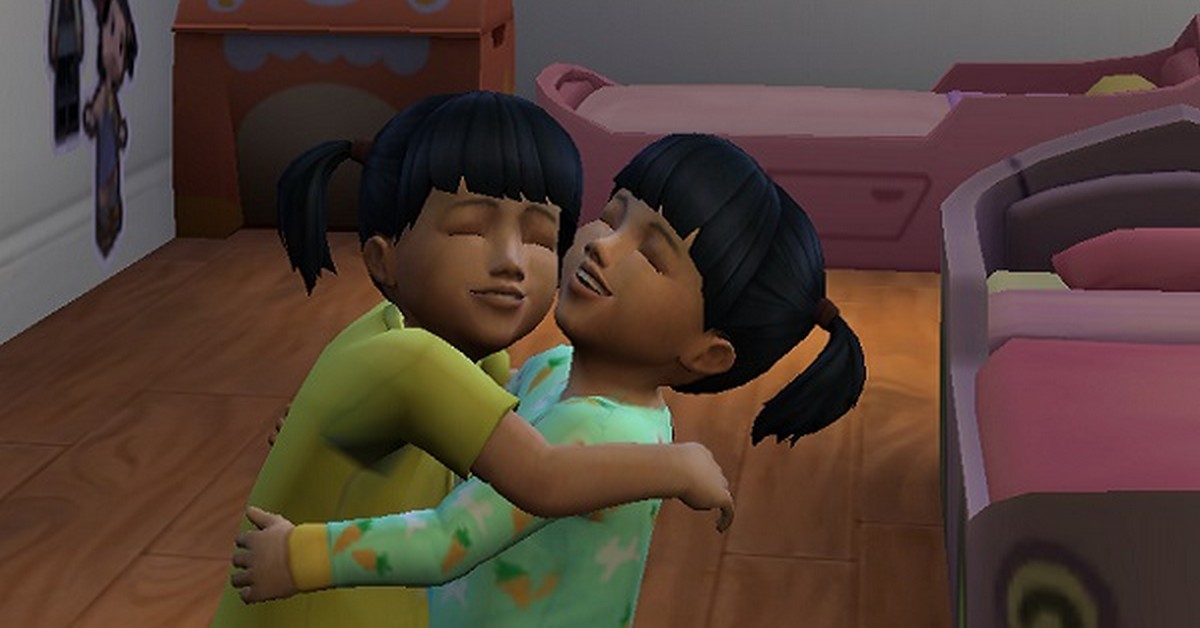 Two twin sisters hugging each other in The Sims 4 game