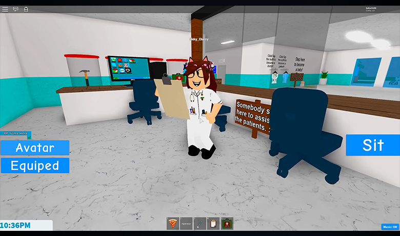 Image of a character standing in the center of a room with blue chairs reading a medical record in a hospital setting.