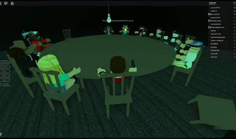 In-game screenshot showing several characters sitting at a round wooden table.