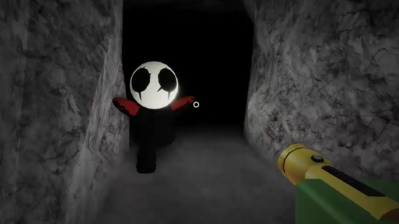 Roblox's game character running through a dark cave with a white face and dark eyes.