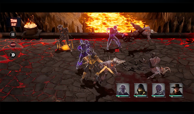 Screenshot showing several characters standing next to a lava fountain