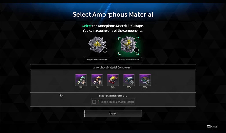 Game screenshot showing the opening of the amorphous material