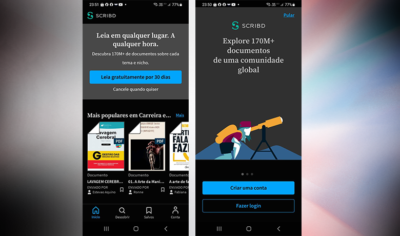 Capturas de tela com a interface do app Scribd