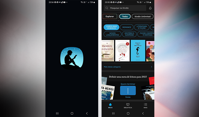 Captura de tela com a interface do app Amazon kindle