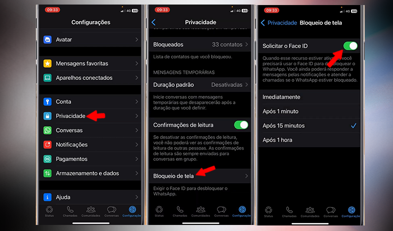 Captures d'écran montrant comment verrouiller WhatsApp à l'aide de FaceID