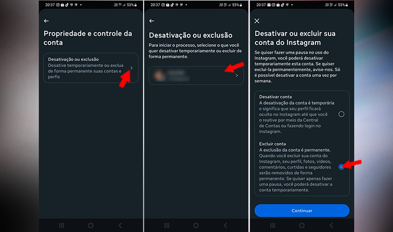 Captura de tela ensinando como excluir conta do instagram pelo app do celular 