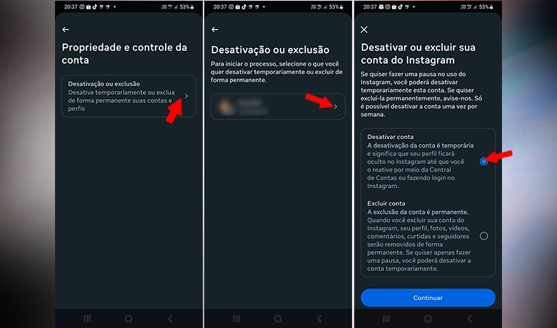 Capturas de tela mostrando como se faz para desativar a conta do Instagram pelo app do celular