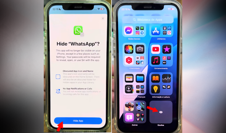 Tangkapan layar yang menunjukkan langkah-langkah selanjutnya yang harus diikuti untuk menyembunyikan aplikasi di iPhone