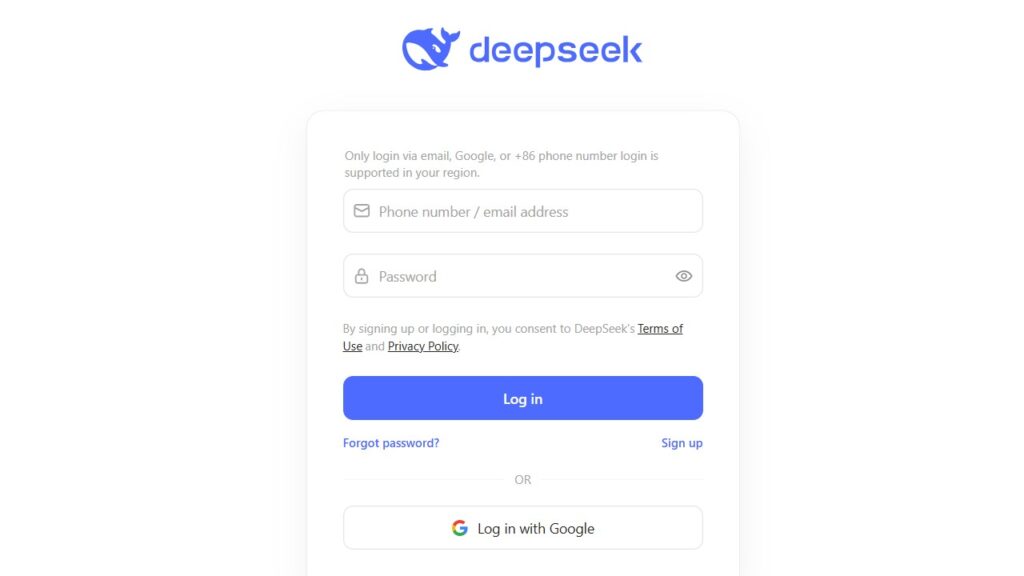 Página de login e registro no deepseek