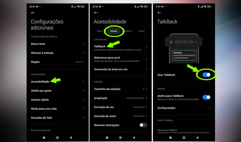 Imagem do passo a passo de como ativar o TalkBack em celulares android