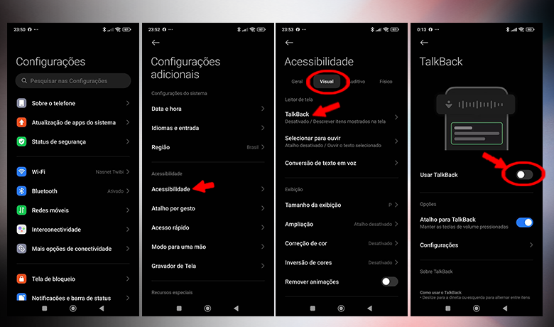 Imagem do passo a passo de como desativar o TalkBack em celulares android