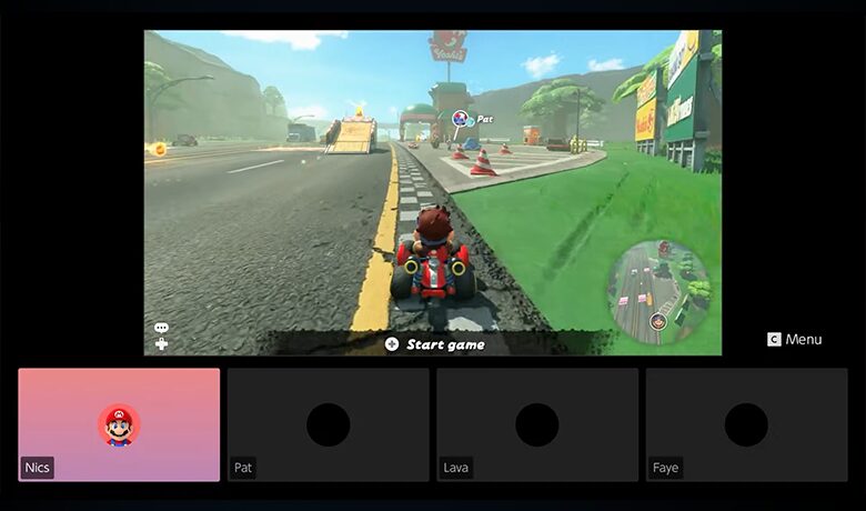 Gambar yang mengilustrasikan antarmuka saluran suara Nintendo Switch 2 tempat orang dapat bermain bersama melalui panggilan