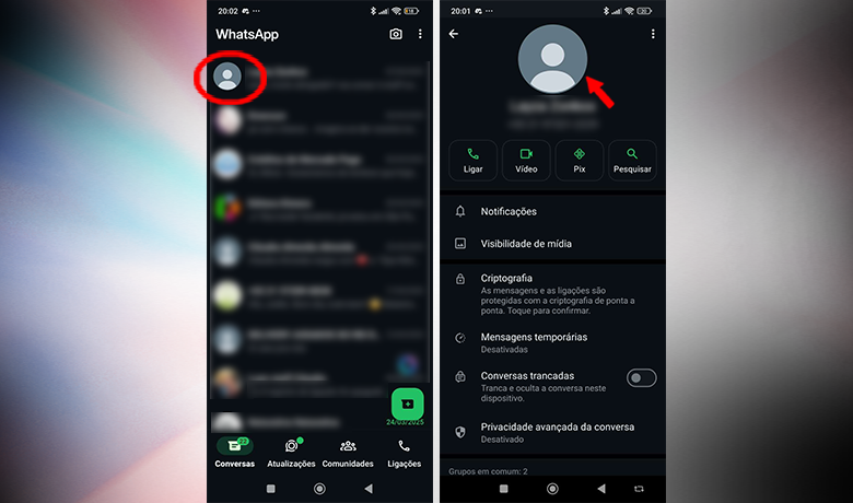 Capturas de tela onde aparece o perfil da pessoa sem foto