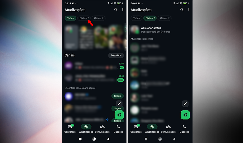Captura de tela com os stories ativos no Whatsapp