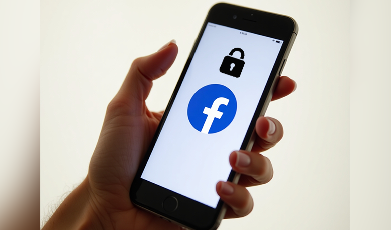 Une personne tenant un téléphone portable avec le logo Facebook et un cadenas sur l'écran pour illustrer la sécurité de l'application.