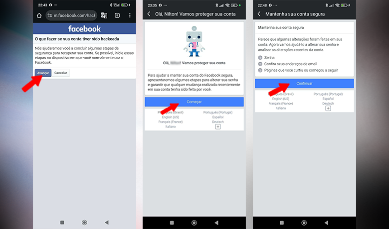 Image montrant des captures d'écran avec des instructions étape par étape sur la façon de récupérer un compte Facebook compromis.
