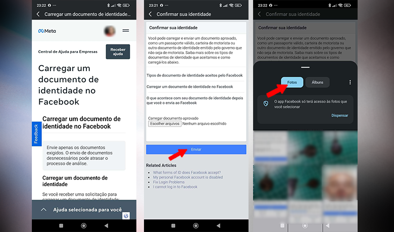 Captures d'écran illustrant la procédure étape par étape pour récupérer un compte Facebook à l'aide de son identifiant.