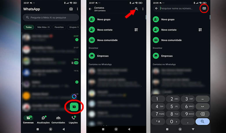 Imagem mostrando o passo a passo de como iniciar uma conversa com um número não salvo pela aba "nova conversa"