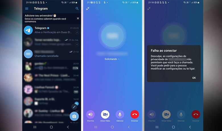 Colagem com capturas de tela mostrando chamada não sendo concluída no Telegram