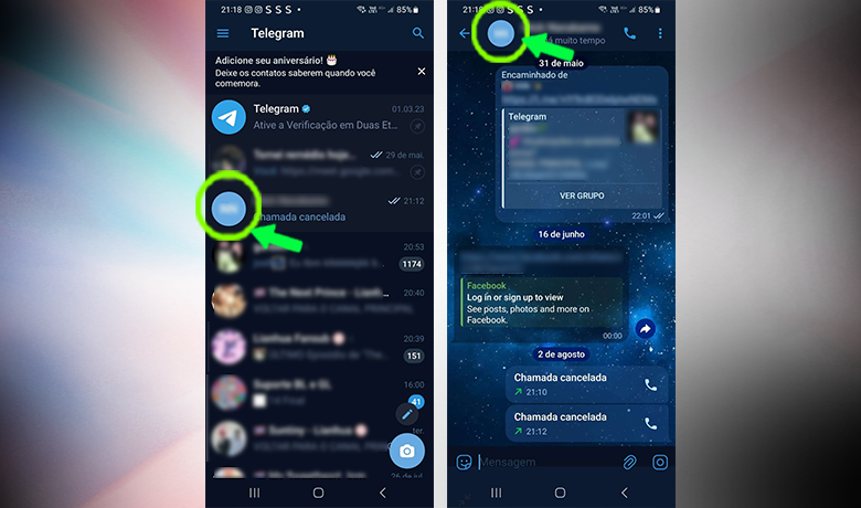 Capturas de tela mostrando quando a foto do contato não aparece no Telegram