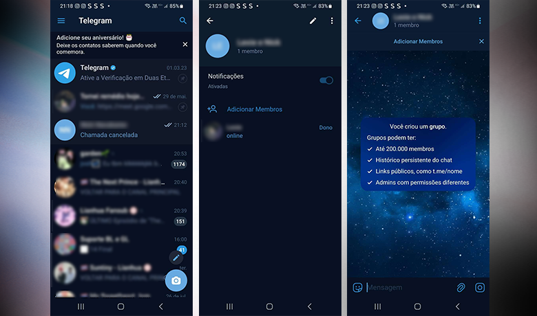 Capturas de tela que exemplificam o que acontece ao tentar adicionar alguém bloqueado em grupos