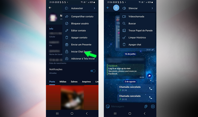 Capturas de tela mostrando a diferença entre as opções que aparecem para um contato normal e para um bloqueado