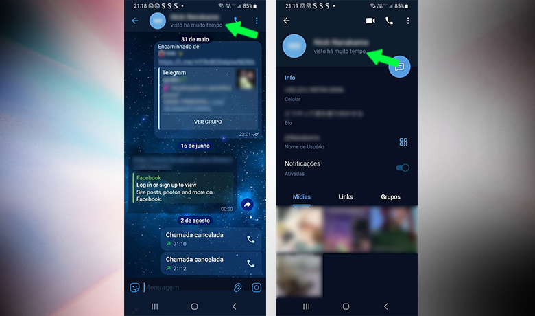 Capturas de tela alertando que o status da pessoa se torna indisponível com o bloqueio
