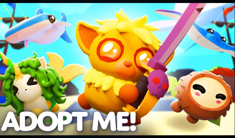 Suasana Adopt Me! yang semarak dengan bayi dan hewan peliharaan di tengahnya, dikelilingi oleh rumah-rumah, pepohonan, dan balon dalam atmosfer yang ceria dan ramah.