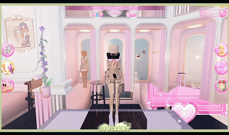 Dalam No Dress to Impress, avatar memamerkan penampilan elegan mereka di tengah latar mode merah muda yang apik, bersaing dalam hal gaya dan kreativitas!