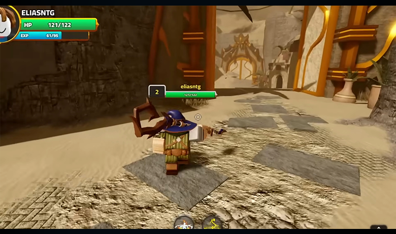 Karakter tersebut menjelajahi ruang bawah tanah gurun di Dungeon Quest, dilengkapi dengan tongkat sihir dan siap bertempur.