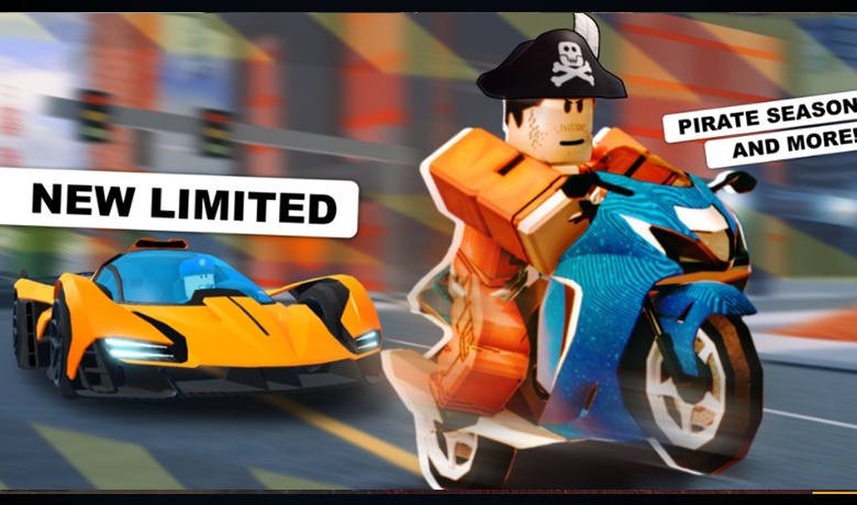 Sebuah gambar yang menarik dari Jailbreak menunjukkan seorang karakter yang mengenakan topi bajak laut mengendarai sepeda motor biru, diikuti oleh sebuah mobil sport oranye yang melaju kencang.