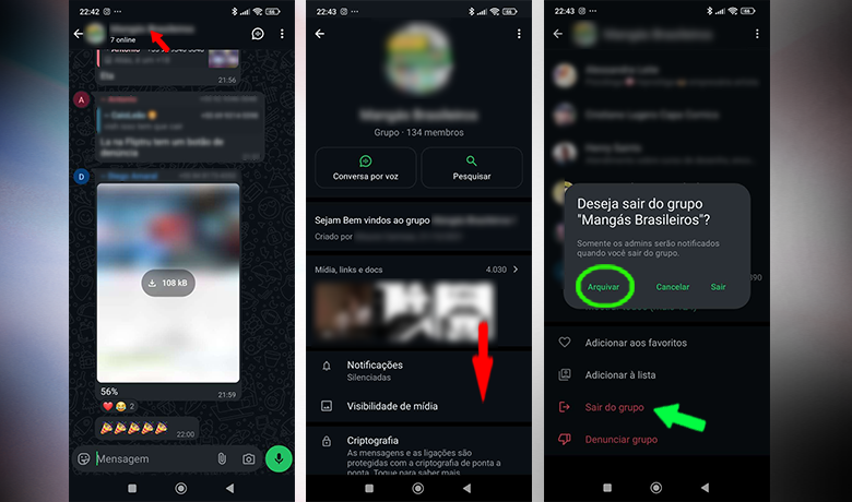 Capturas de pantalla que muestran cómo archivar grupos y dejar de recibir notificaciones de ellos.