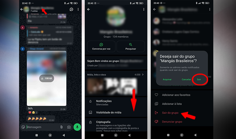 Imágenes que muestran cómo abandonar grupos de WhatsApp paso a paso.